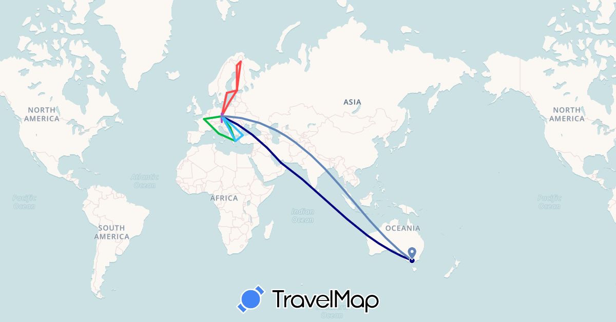 TravelMap itinerary: driving, bus, cycling, train, hiking, boat in United Arab Emirates, Austria, Australia, Czech Republic, Germany, Finland, France, Greece, Italy, Poland, Serbia, Sweden, Turkey (Asia, Europe, Oceania)